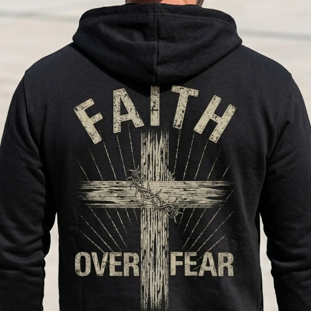 Faith Over Fear distressed graphic unisex hoodie - view 6 - Reborn XII