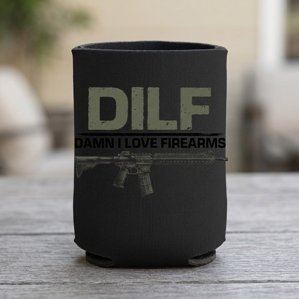 Damn I Love Firearms - Can Cooler 6-Pack — foam can cooler with patriotic firearms graphic — Reborn XII