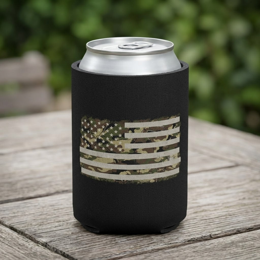 Camo Freedom - Can Cooler 6-Pack — foam can cooler with military and American flag graphic — Reborn XII