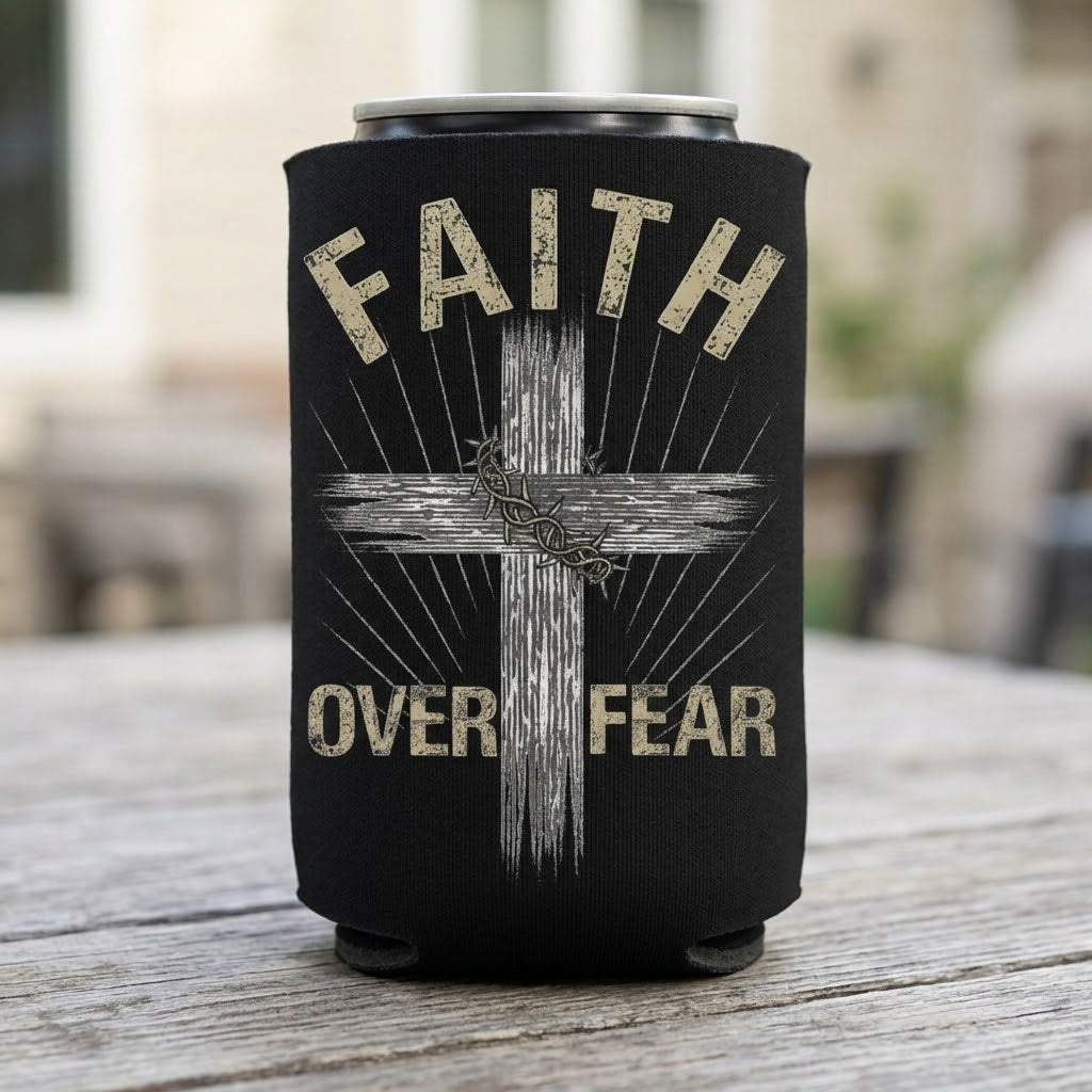 Faith Over Fear - Can Cooler 6-Pack — foam can cooler with faith and cross graphic — Reborn XII