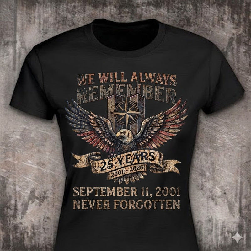 Never Forgotten 25 Years distressed graphic women's T-shirt in black — bold women’s empowerment graphic — Reborn XII