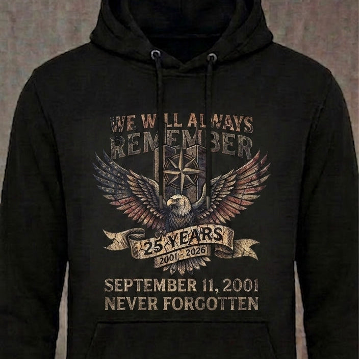 Never Forgotten 25 Years distressed graphic unisex hoodie in black — distressed never forgotten 25 years graphic — Reborn XII