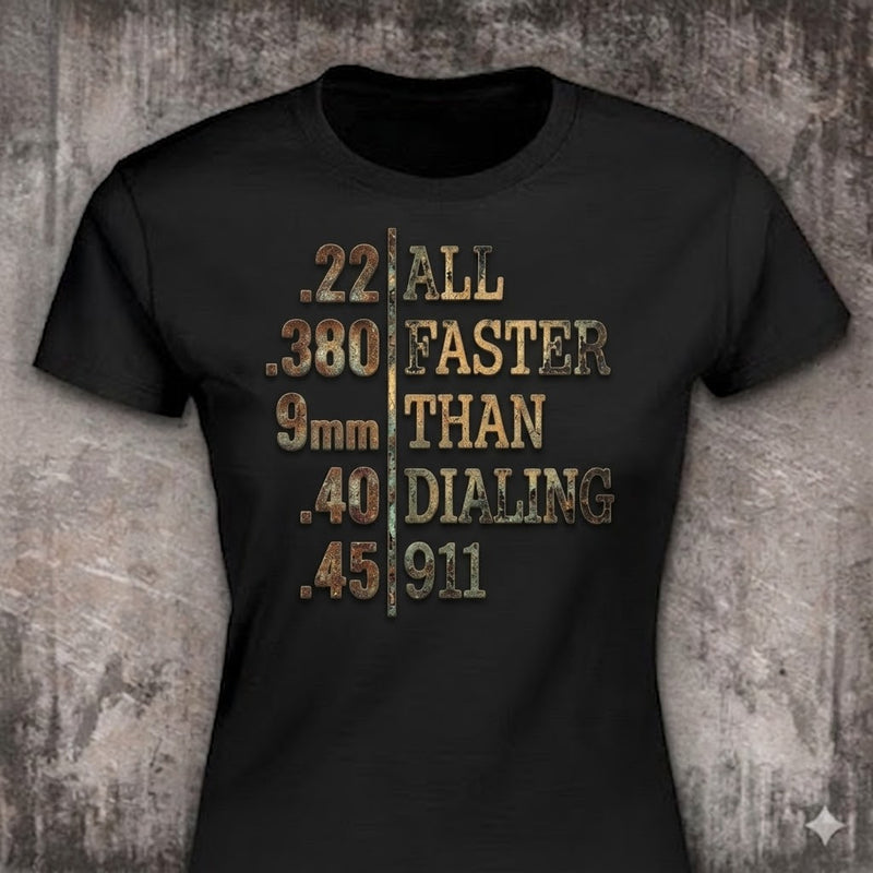 Faster Than Dialing 911 distressed graphic women's T-shirt in black — distressed patriotic firearms graphic — Reborn XII