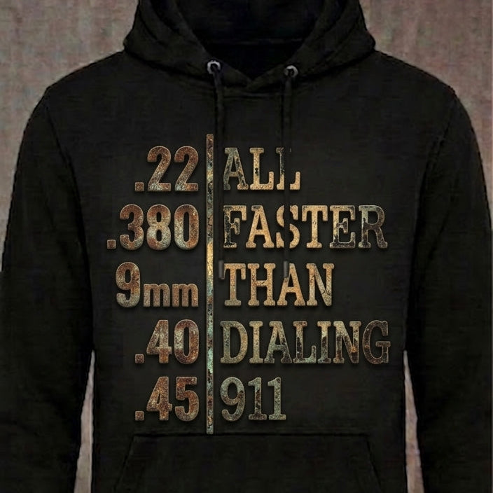 Faster Than Dialing 911 distressed graphic unisex hoodie in black — distressed patriotic firearms graphic — Reborn XII