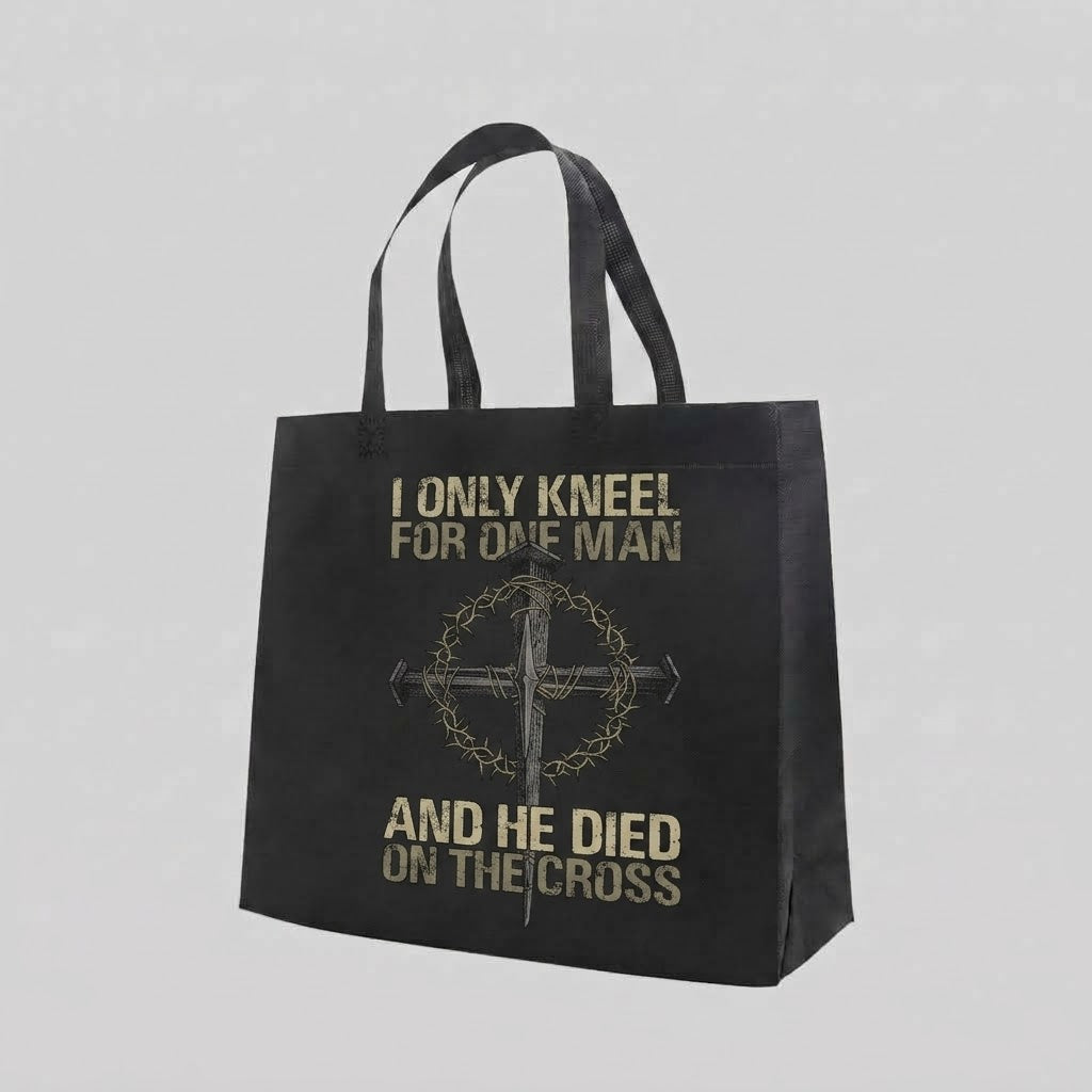 Only Kneel For One - Tote Bag — reusable tote bag with faith and cross graphic — Reborn XII