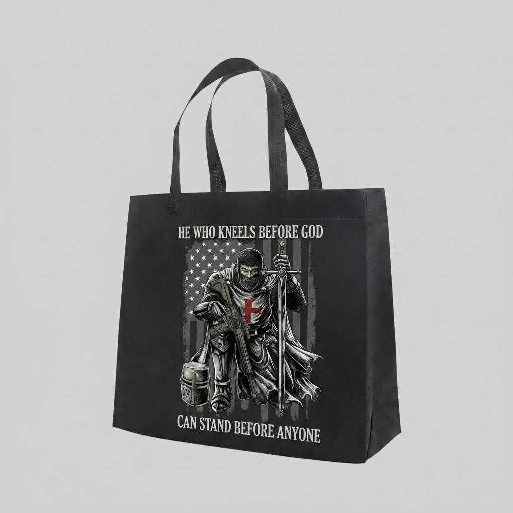 He Who Kneels Before God - Tote Bag — reusable tote bag with faith and cross graphic — Reborn XII