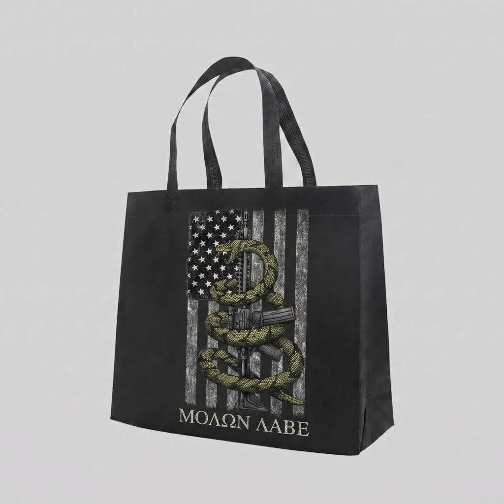 Gadsden Snake - Tote Bag — reusable tote bag with patriotic firearms graphic — Reborn XII