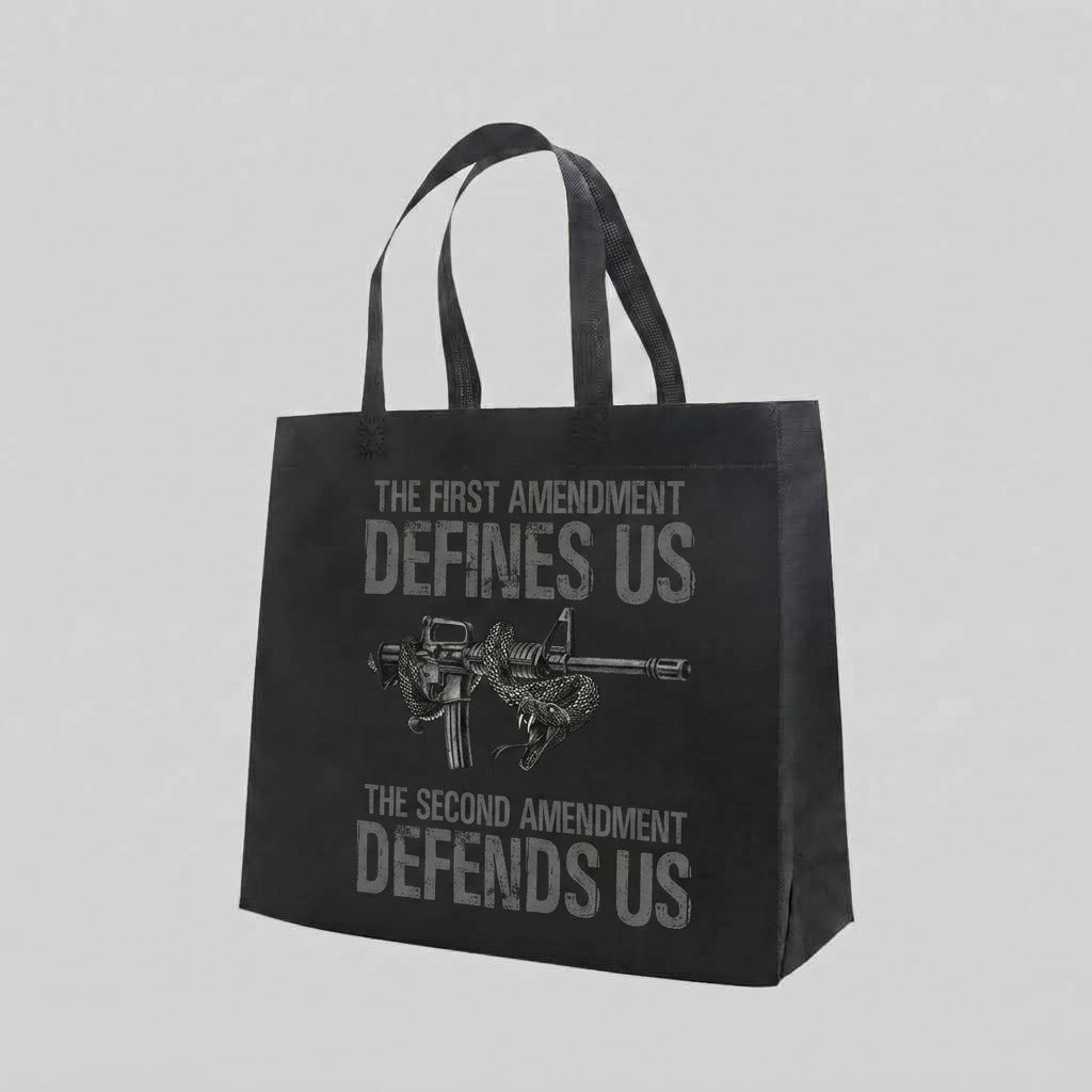 Defending Freedom - Tote Bag — reusable tote bag with military and American flag graphic — Reborn XII