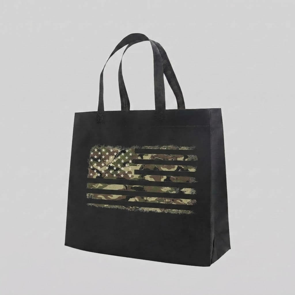 Camo Freedom - Tote Bag — reusable tote bag with military and American flag graphic — Reborn XII