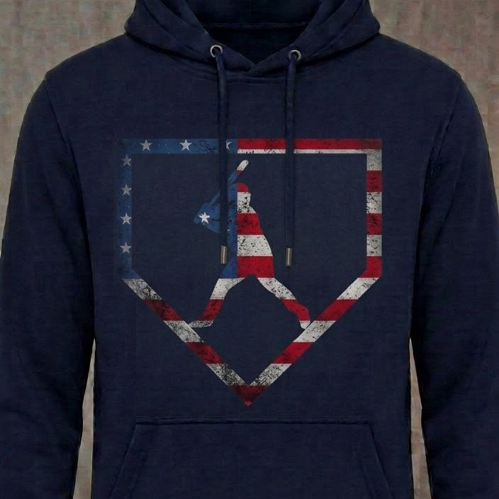 America's Pastime distressed graphic unisex hoodie in navy — distressed patriotic baseball graphic — Reborn XII