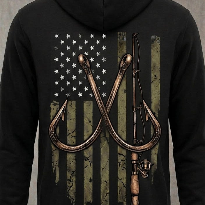 Patriotic Angler distressed graphic unisex hoodie in olive — distressed faith and cross graphic — Reborn XII