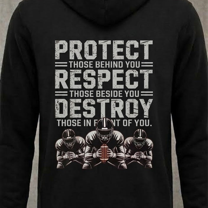 Protect, Respect, Destroy distressed graphic unisex hoodie in black — distressed patriotic football graphic — Reborn XII