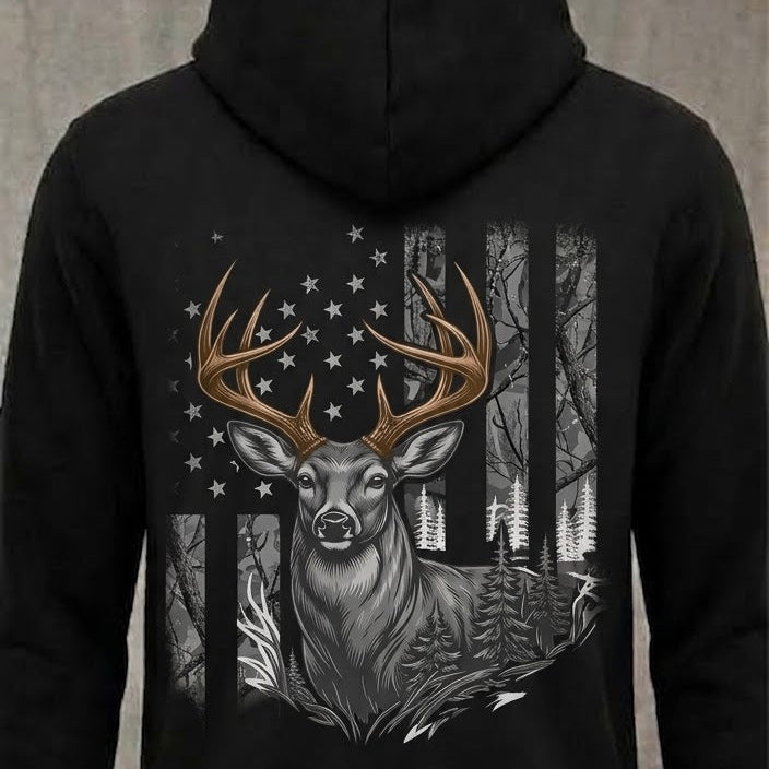 Patriotic Woodsman distressed graphic unisex hoodie in camouflage — distressed hunting and outdoors graphic — Reborn XII