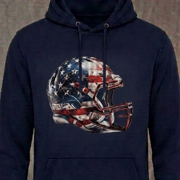 Battle-Tested Patriot distressed graphic unisex hoodie in navy — distressed patriotic football graphic — Reborn XII