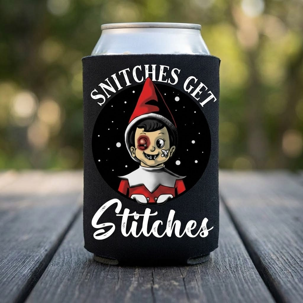 Snitches Get Stitches - Can Cooler 6-Pack — foam can cooler with drinking-humor graphic — Reborn XII