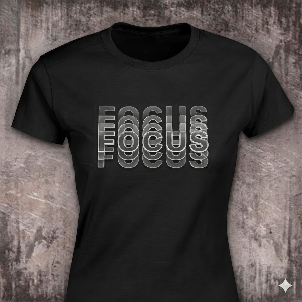 Coming Into Focus distressed graphic women's T-shirt in black — bold women’s empowerment graphic — Reborn XII