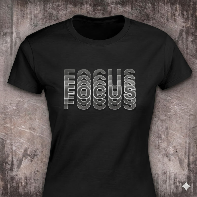 Coming Into Focus distressed graphic women's T-shirt in black — bold women’s empowerment graphic — Reborn XII