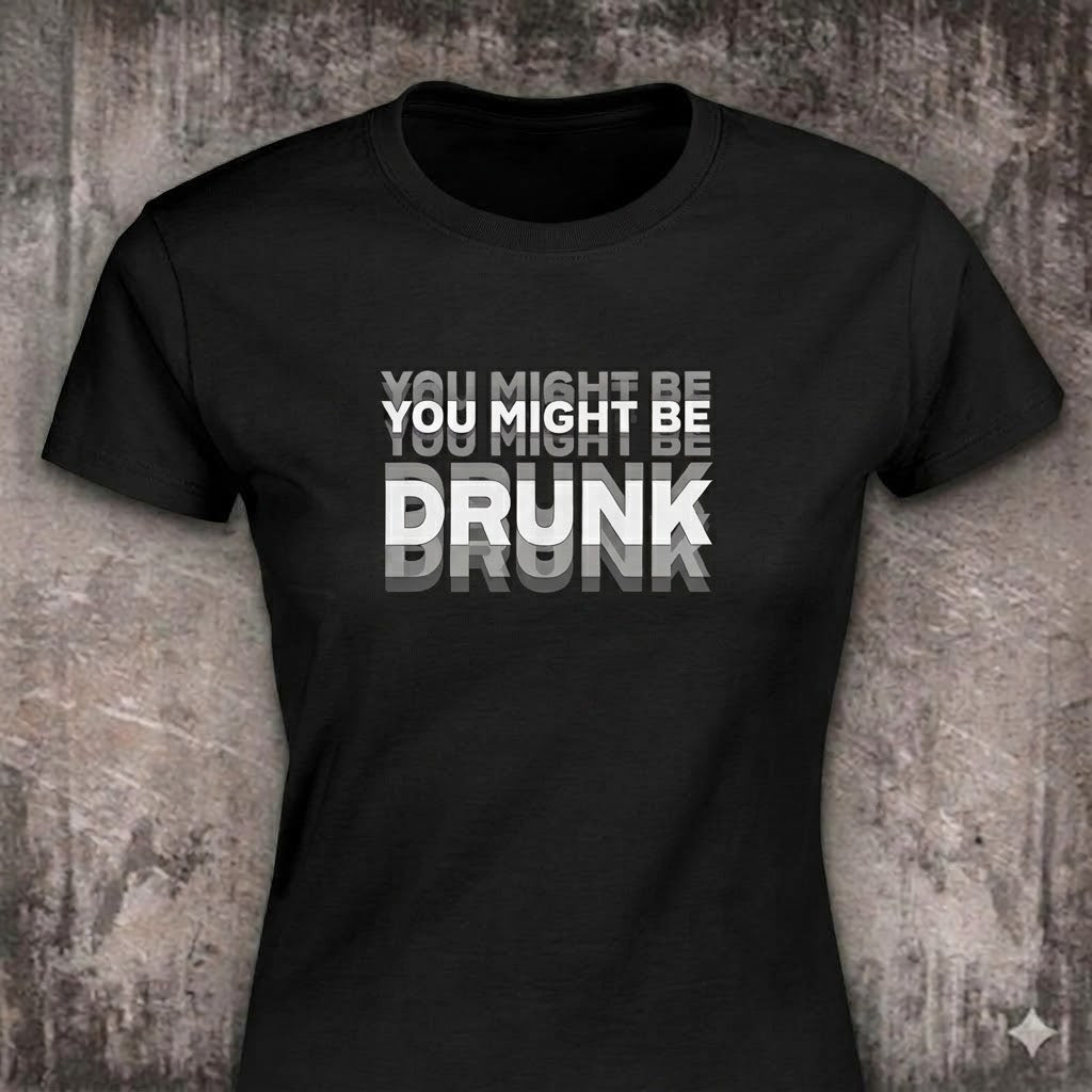 You Might Be Drunk distressed graphic women's T-shirt in black — bold drinking-humor graphic — Reborn XII