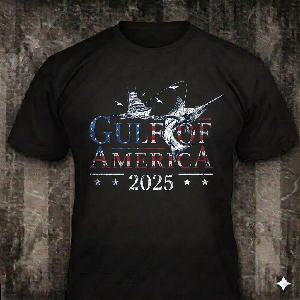 Gulf Of America 2025 distressed graphic men's T-shirt in black — distressed hunting and outdoors graphic — Reborn XII