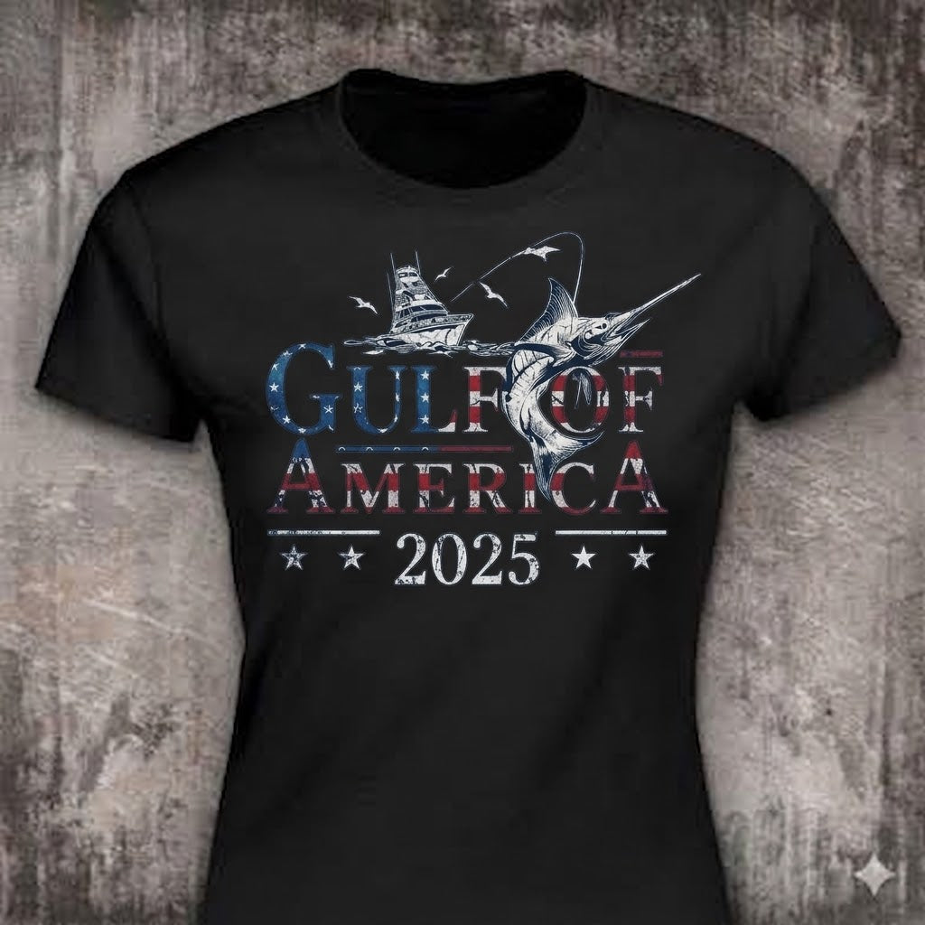 Gulf Of America 2025 distressed graphic women's T-shirt in black — distressed hunting and outdoors graphic — Reborn XII