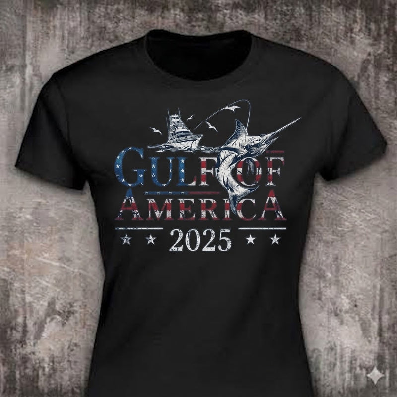Gulf Of America 2025 distressed graphic women's T-shirt in black — distressed fishing and outdoors graphic — Reborn XII