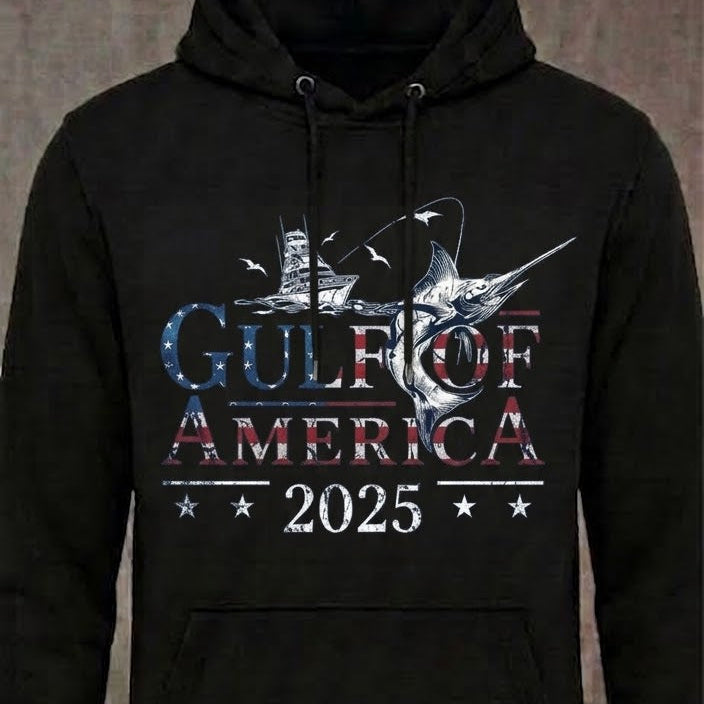 Gulf Of America 2025 distressed graphic unisex hoodie in black — distressed hunting and outdoors graphic — Reborn XII