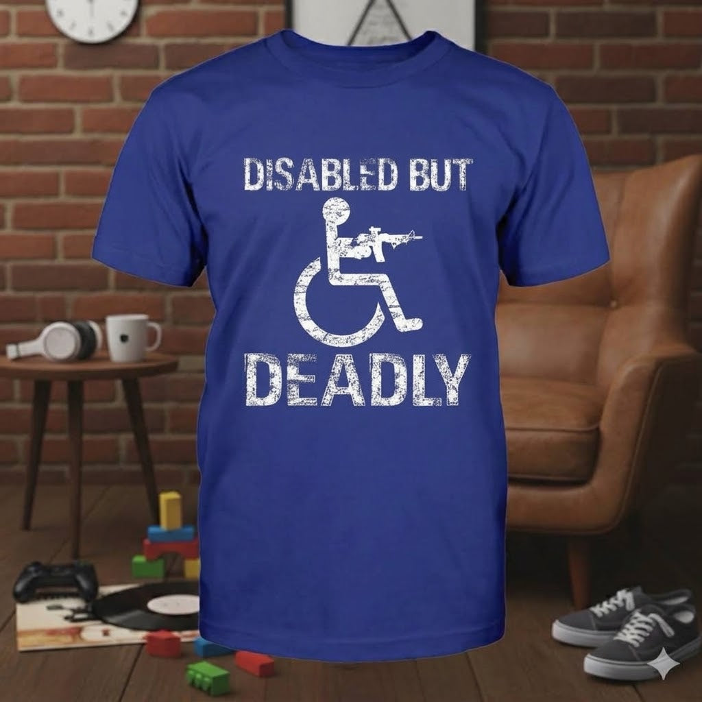 Disabled But Deadly distressed graphic men's T-shirt in blue — distressed military and American flag graphic — Reborn XII