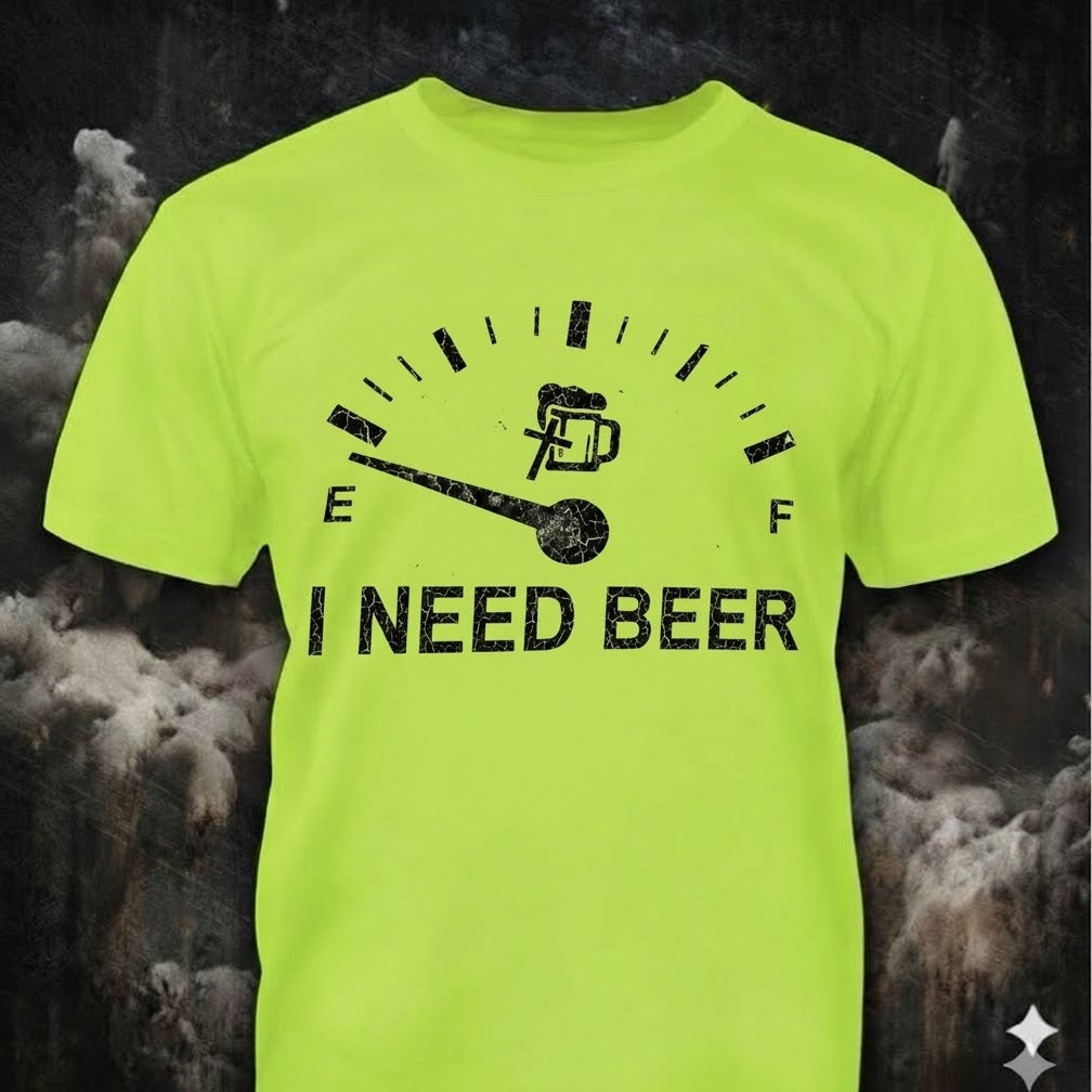I Need Beer distressed graphic unisex T-shirt in safety green — funny dad graphic — Reborn XII