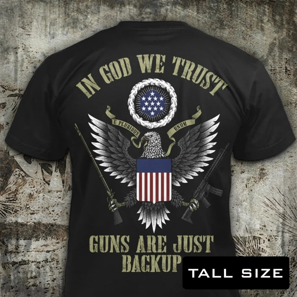In God We Trust distressed graphic men's tall T-shirt in black — distressed faith and cross graphic — Reborn XII