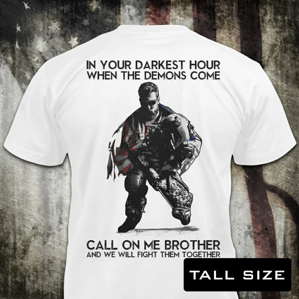 In Your Darkest Hour distressed graphic men's tall T-shirt in white — distressed military and American flag graphic — Reborn XII