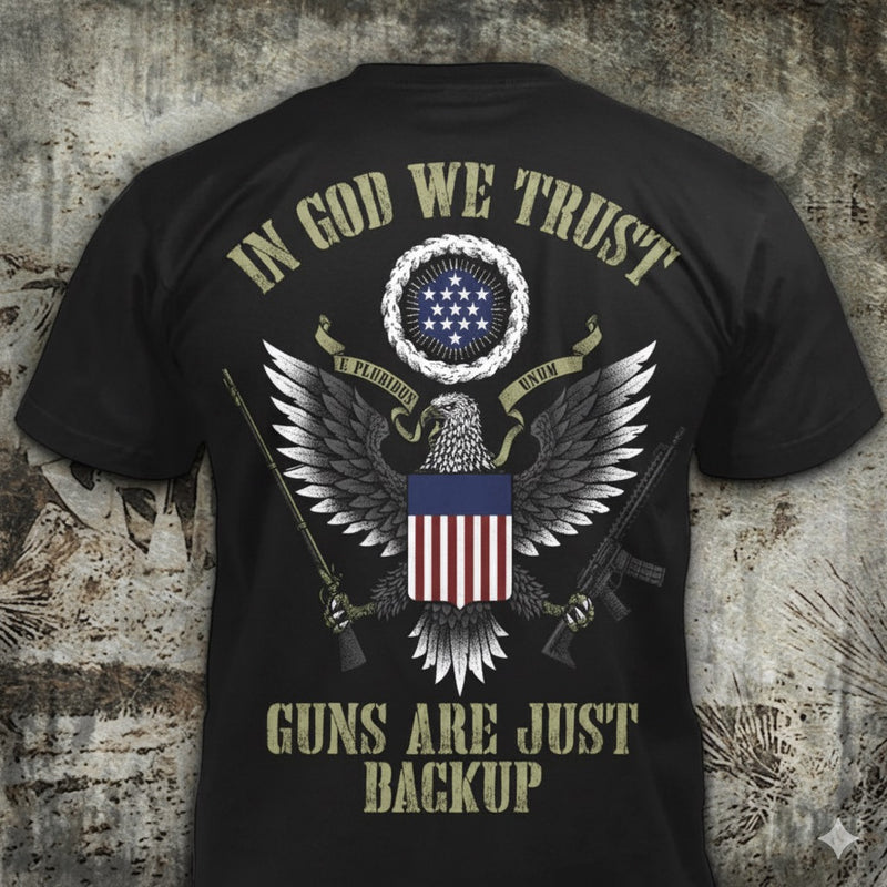 In God We Trust distressed graphic men's T-shirt in black — distressed faith and cross graphic — Reborn XII