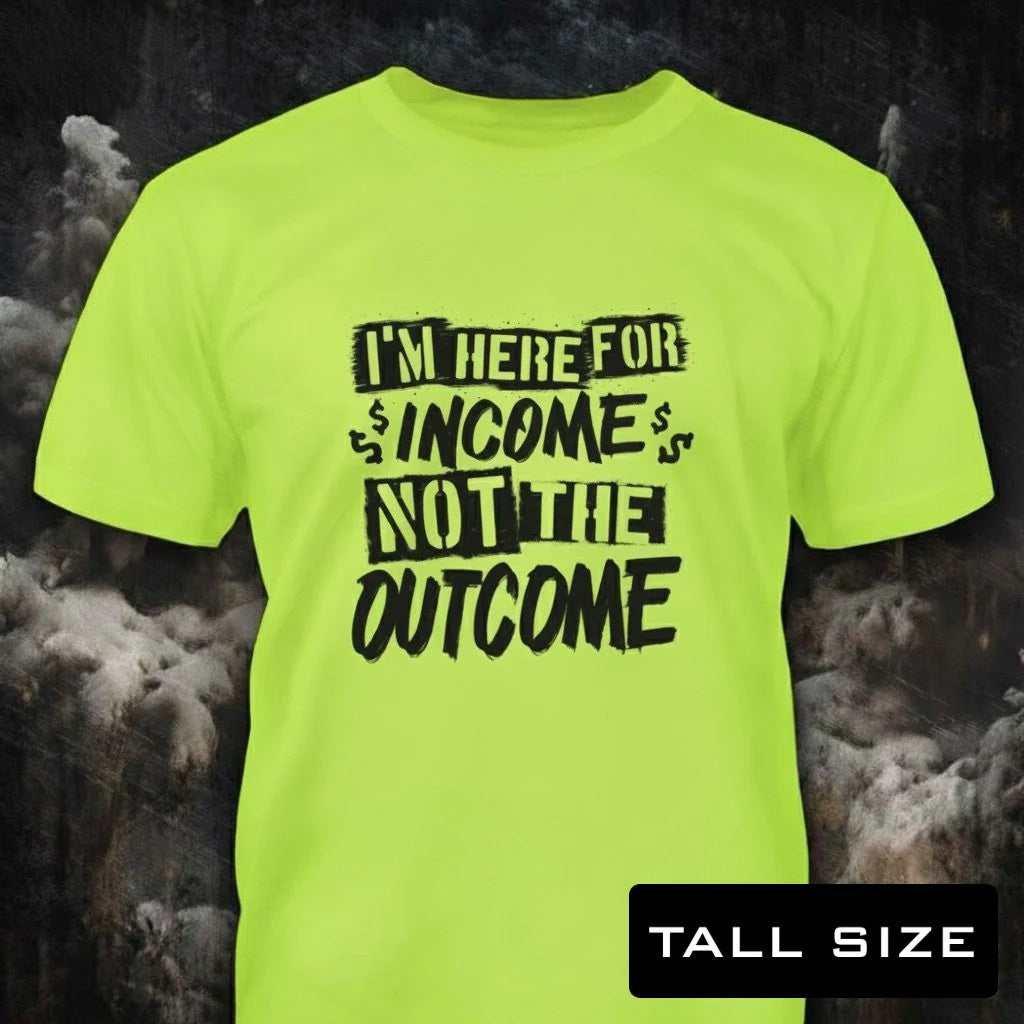 Income Vs Outcome distressed graphic men's tall T-shirt in green — funny dad graphic — Reborn XII