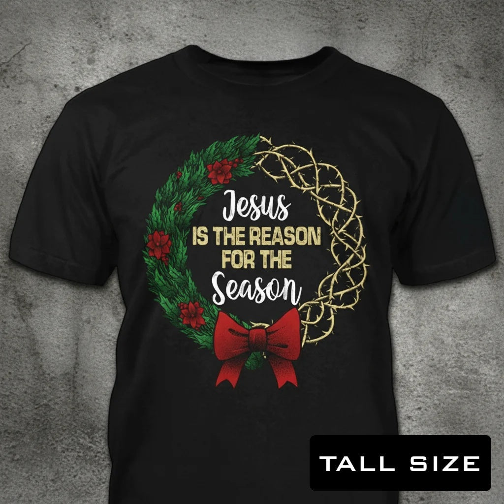 Jesus Is The Reason distressed graphic men's tall T-shirt in black — bold Christmas graphic — Reborn XII