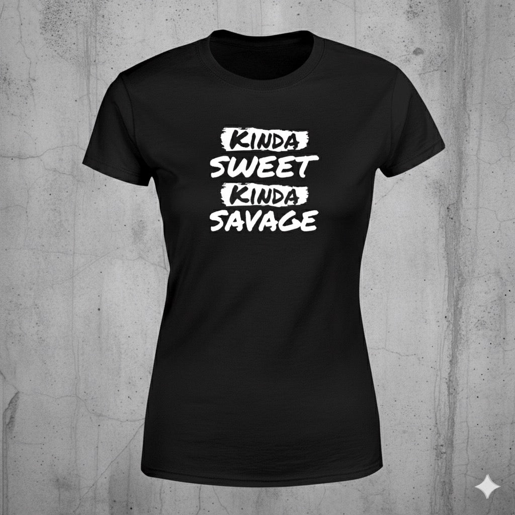 Kinda Sweet Kinda Savage distressed graphic women's T-shirt from Reborn XII