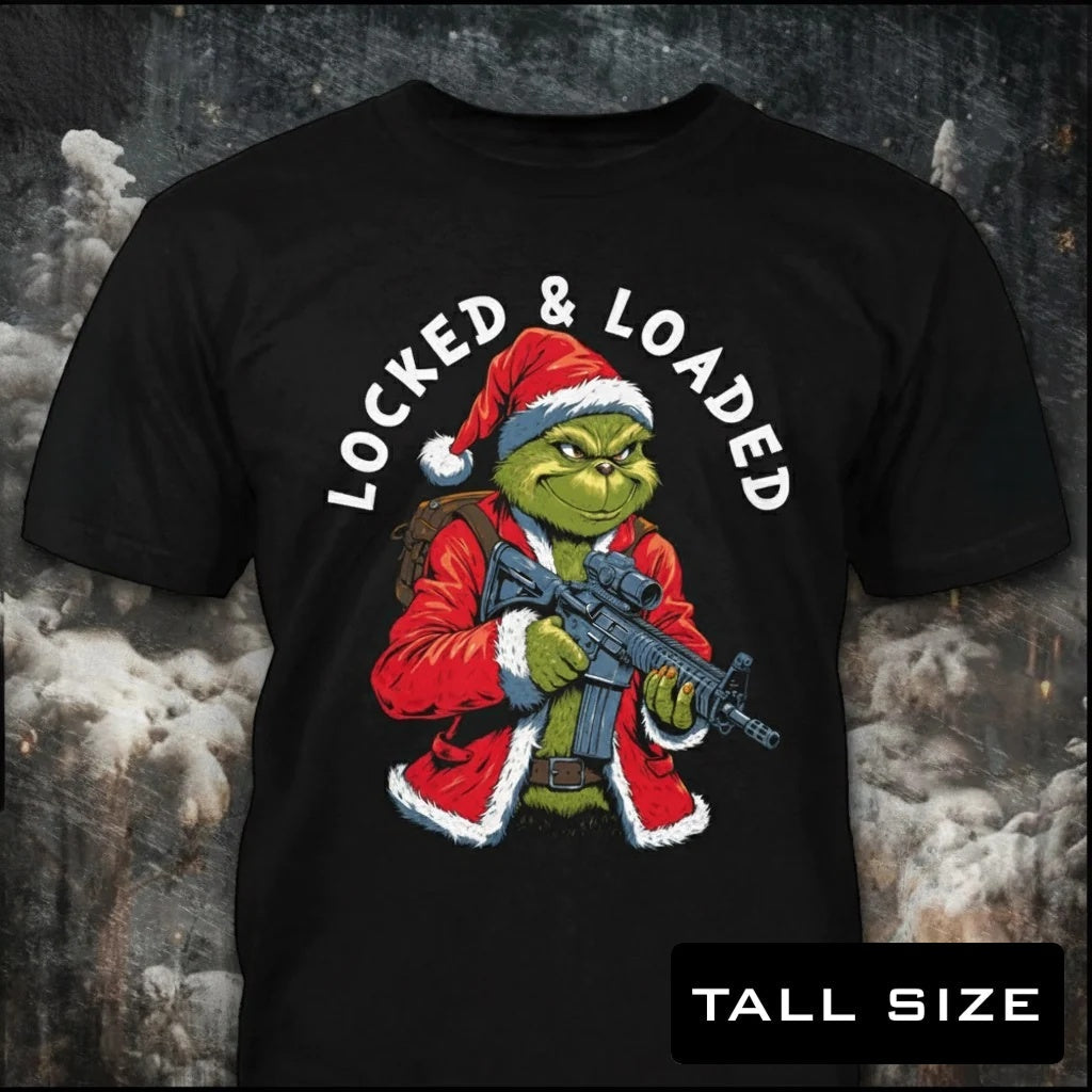 Locked And Loaded distressed graphic men's tall T-shirt in green — bold Christmas graphic — Reborn XII