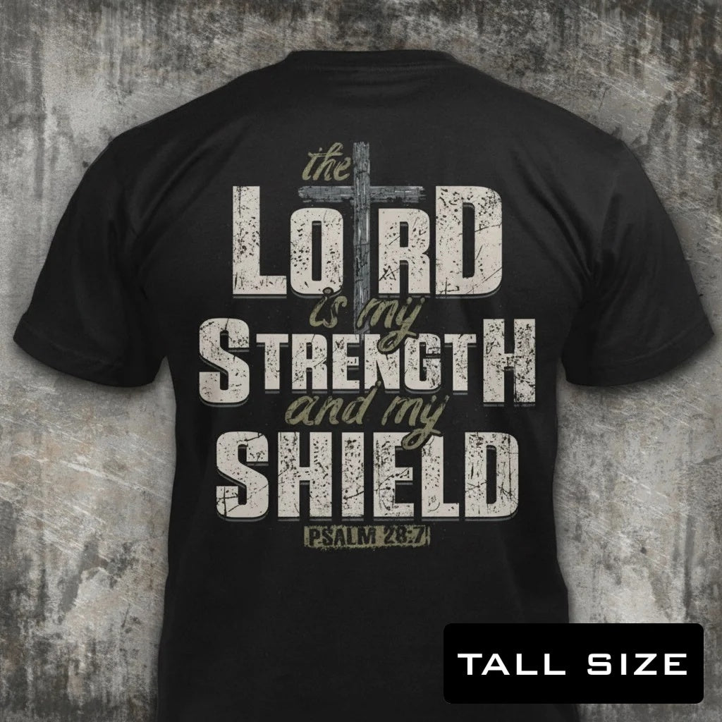 Lord Is My Strength distressed graphic men's tall T-shirt in black — distressed faith and cross graphic — Reborn XII