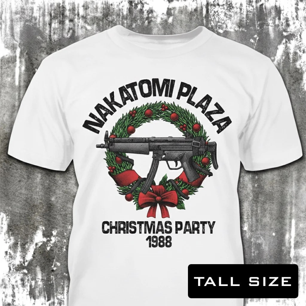 Nakatomi Plaza distressed graphic men's tall T-shirt in white — bold Christmas graphic — Reborn XII
