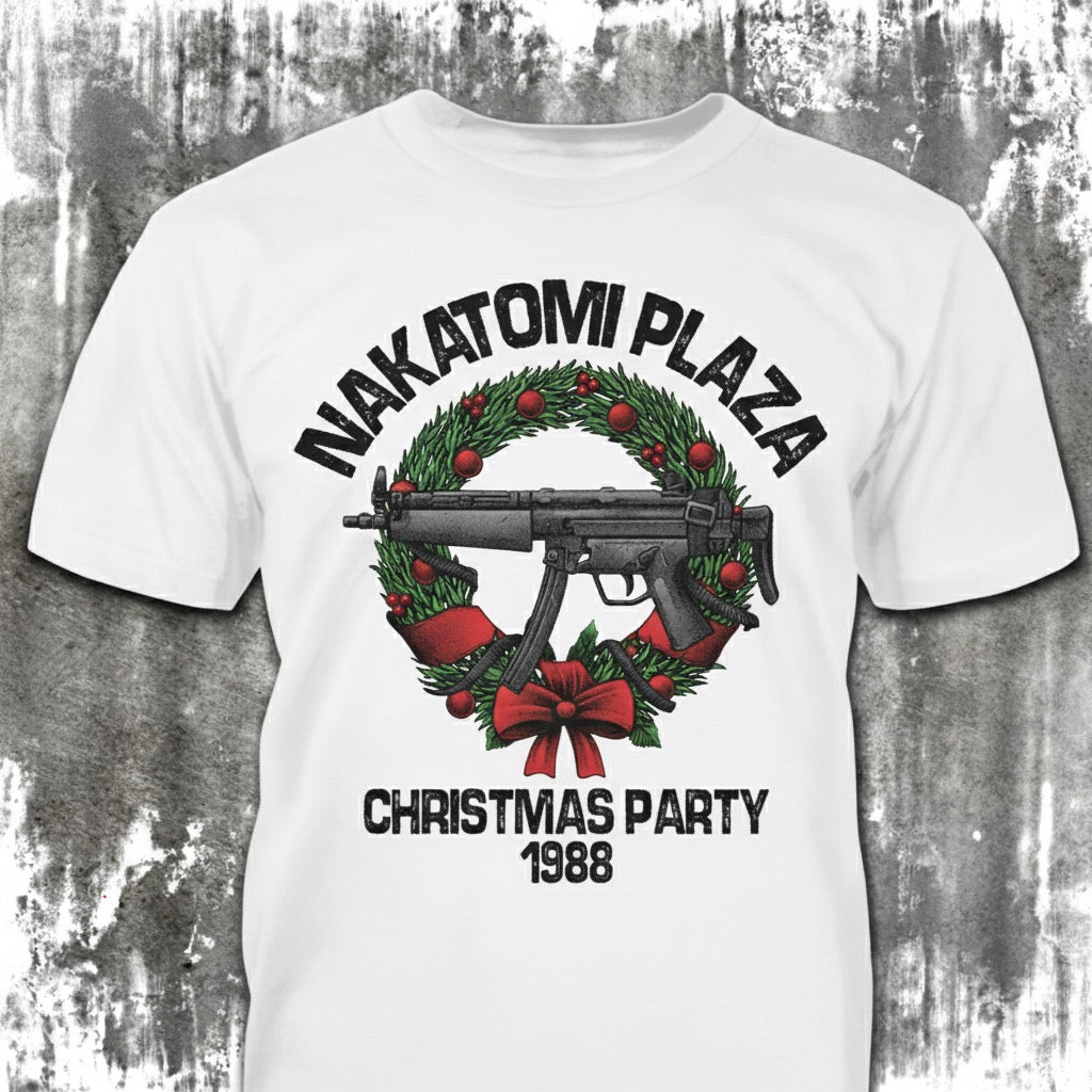 Nakatomi Plaza distressed graphic men's T-shirt in white from Reborn XII
