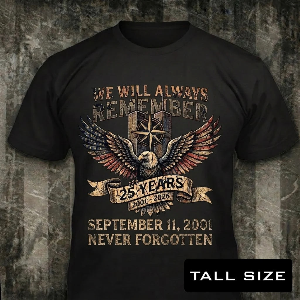 Never Forgotten 25 Years distressed graphic men's tall T-shirt in black — distressed never forgotten 25 years graphic — Reborn XII