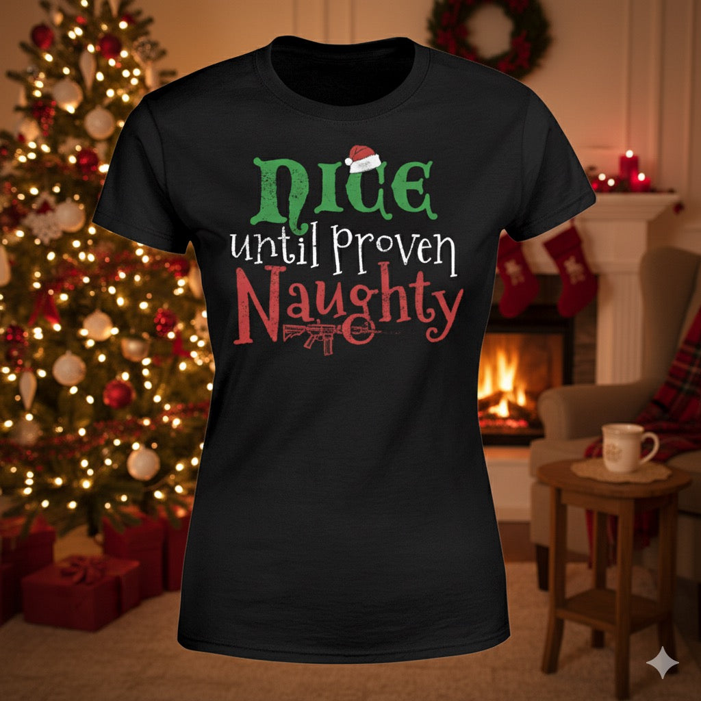Nice Until Proven Naughty distressed graphic women's T-shirt from Reborn XII