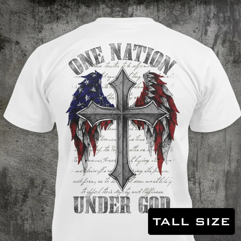 One Nation Under God distressed graphic men's tall T-shirt in white — distressed faith and cross graphic — Reborn XII