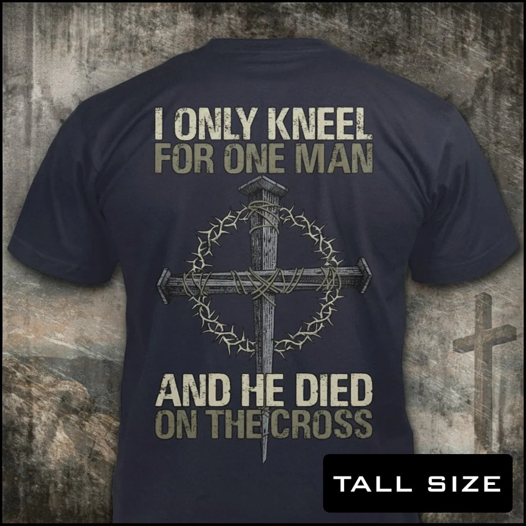 Only Kneel For One distressed graphic men's tall T-shirt in navy — distressed faith and cross graphic — Reborn XII