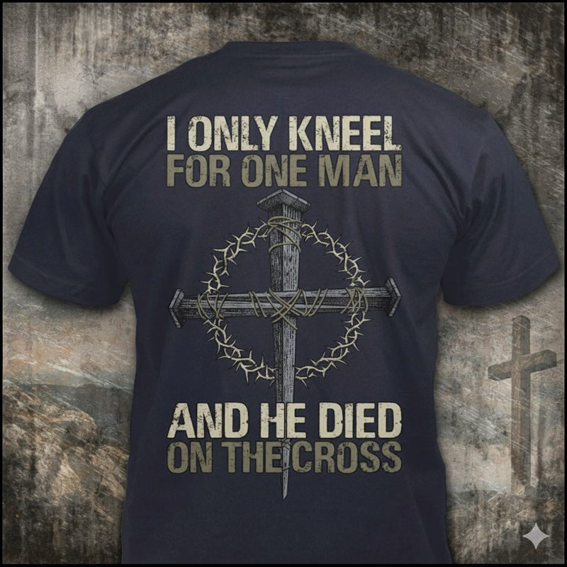 Only Kneel For One distressed graphic men's T-shirt in blue — distressed faith and cross graphic — Reborn XII