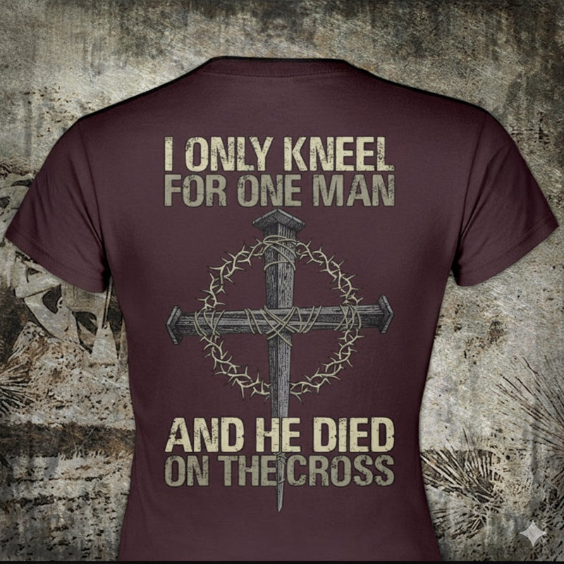 Only Kneel For One distressed graphic women's T-shirt in black — distressed faith and cross graphic — Reborn XII