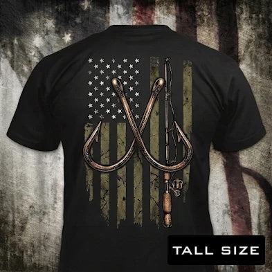 Patriotic Angler distressed graphic men's tall T-shirt in black — distressed faith and cross graphic — Reborn XII