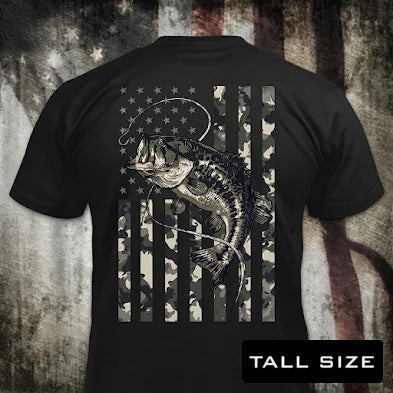 Patriotic Catch distressed graphic men's tall T-shirt in black — distressed hunting and outdoors graphic — Reborn XII