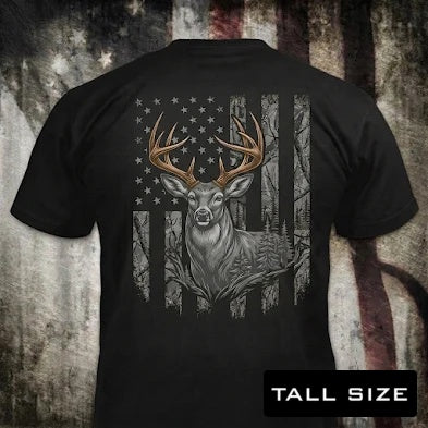 Patriotic Woodsman distressed graphic men's tall T-shirt in black — distressed hunting and outdoors graphic — Reborn XII