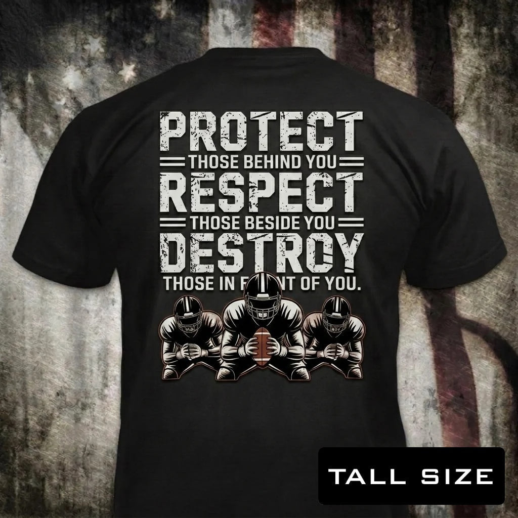 Protect, Respect, Destroy distressed graphic men's tall T-shirt in black — distressed patriotic football graphic — Reborn XII