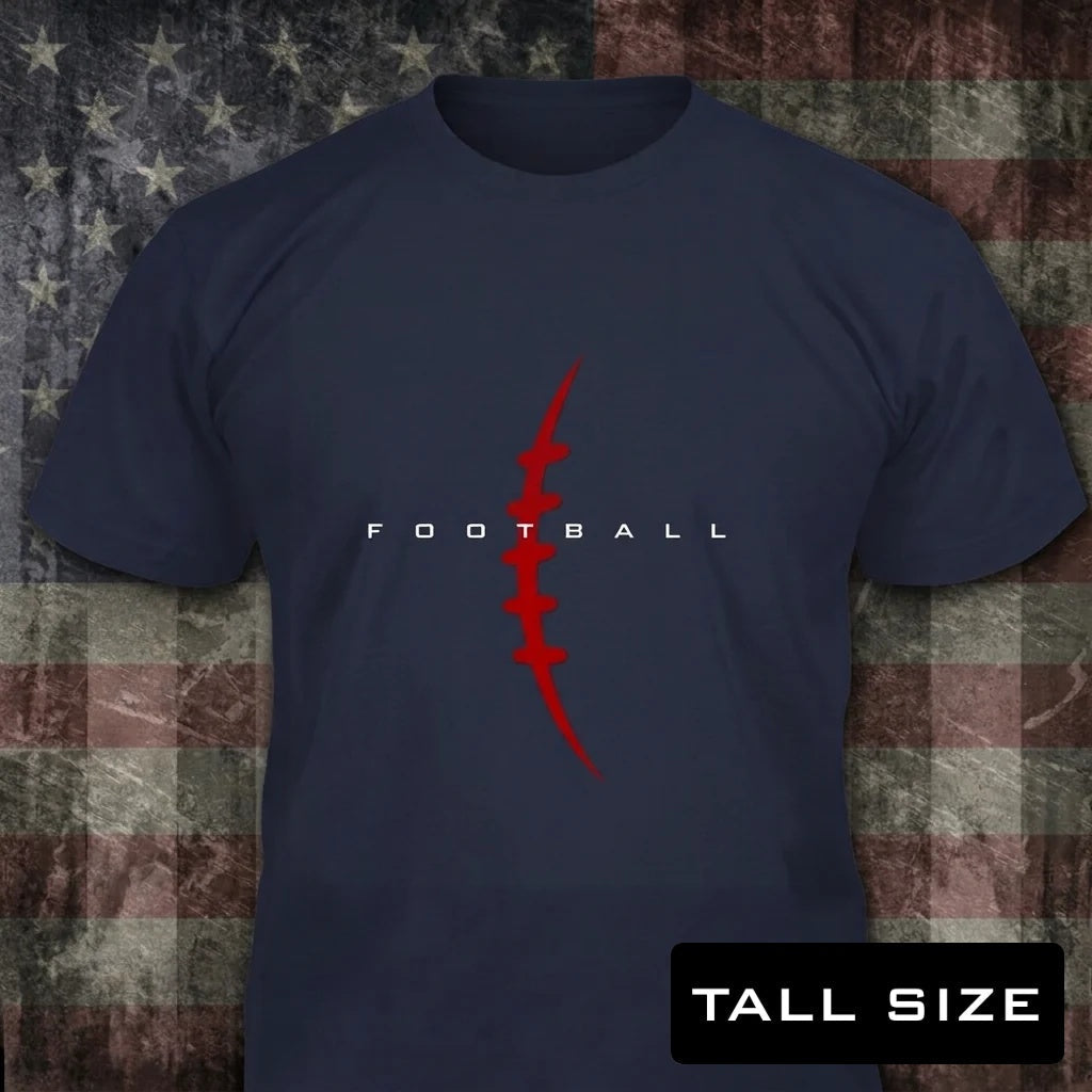 Red Laces Football distressed graphic men's tall T-shirt in navy — distressed patriotic football graphic — Reborn XII