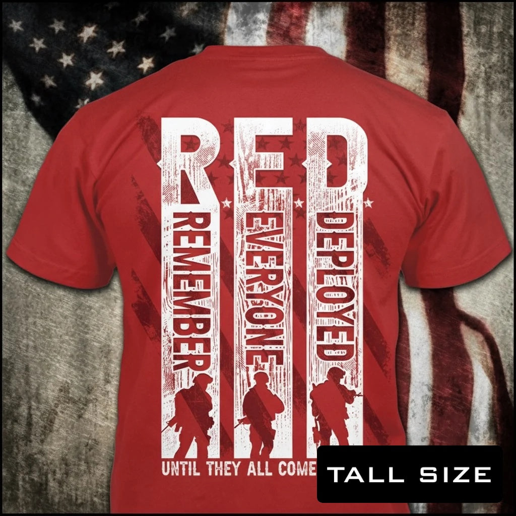 Remember Everyone Deployed distressed graphic men's tall T-shirt in red — distressed military and American flag graphic — Reborn XII